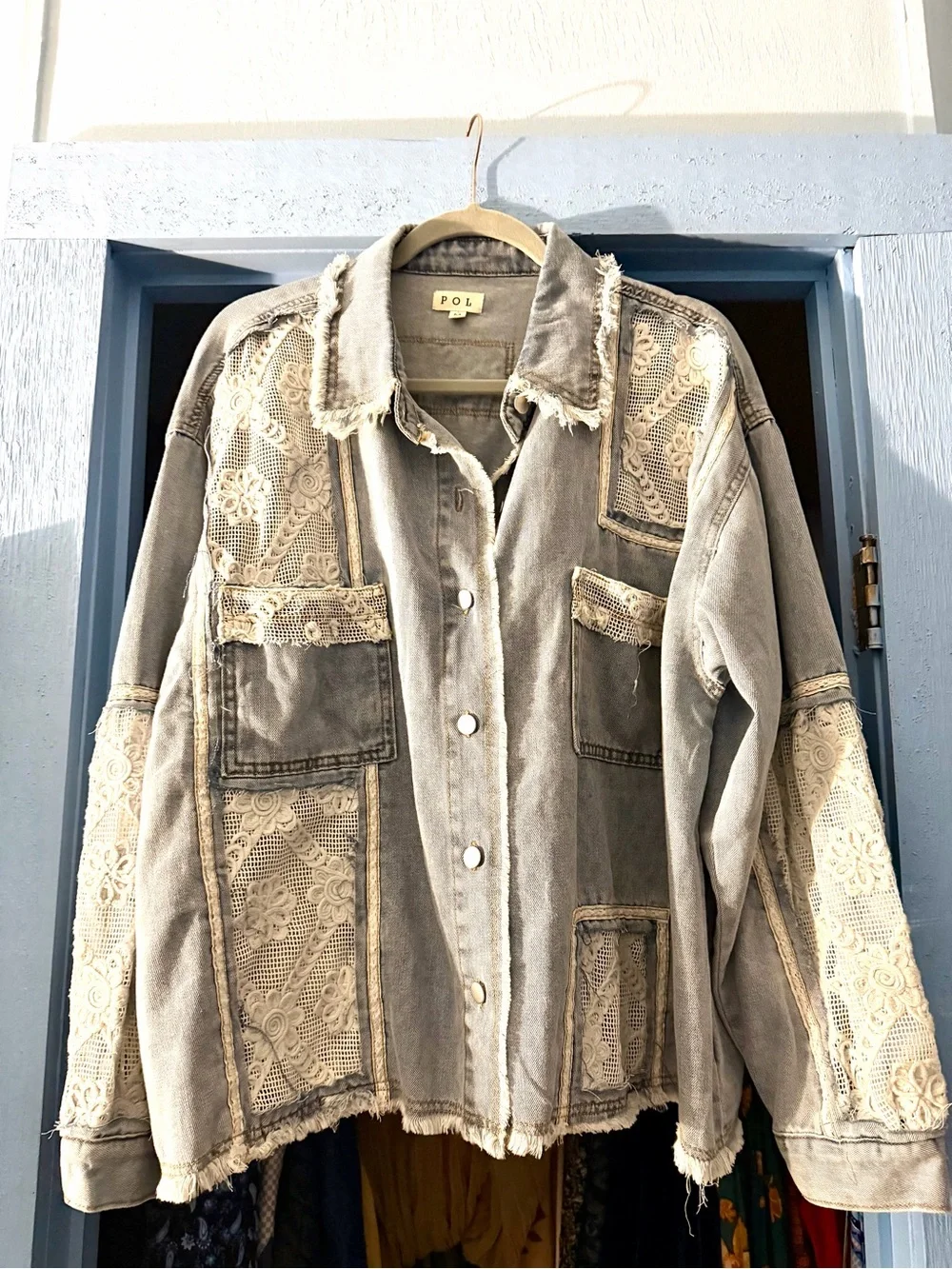 POL Denim Jacket with White eyelet embroidered Lace Inset Med - Picture 6 of 8